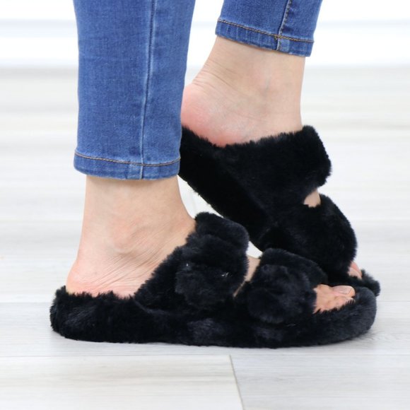 Black Puff Fuzzy Fluffy Slip On Plush Slippers Double Strap - Picture 3 of 16